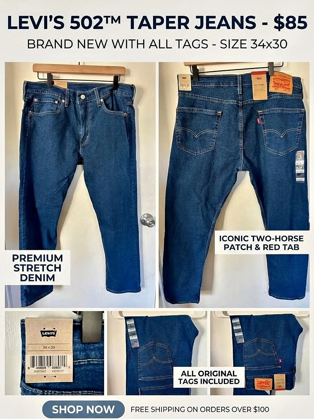Levi's 502 Taper Jeans in Blue Waist 34/30 NWT